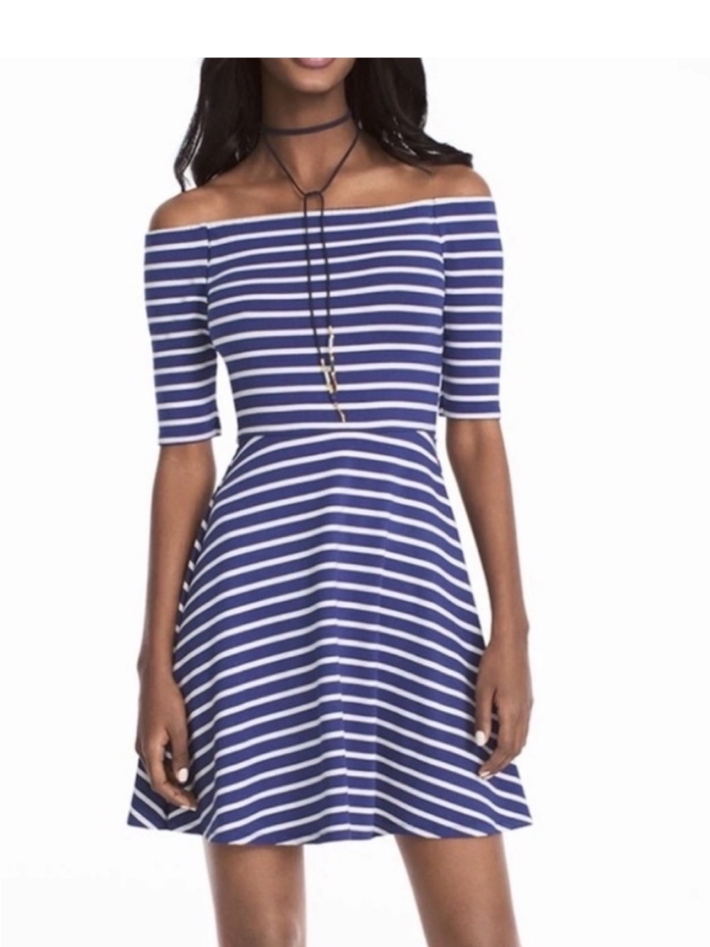 White House Black Market Blue & White One-Shoulder Stripe Fit-and-Flare Dress